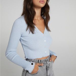 Bershka Blue Sky Blue Ribbed Cropped Lettuce Hem cropped Cardigan Size Small